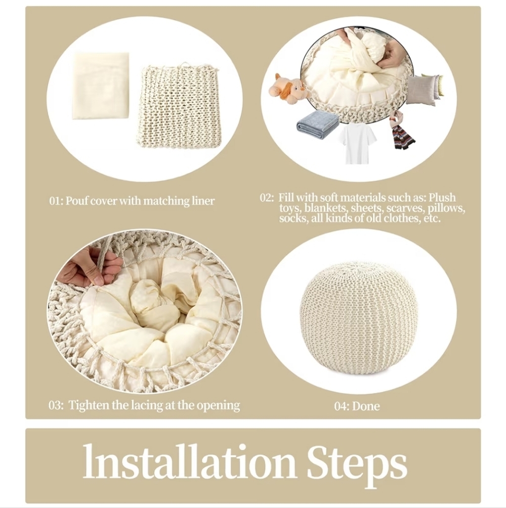 Cream Knit Pouf Ottoman Cover - Picture 3 of 8